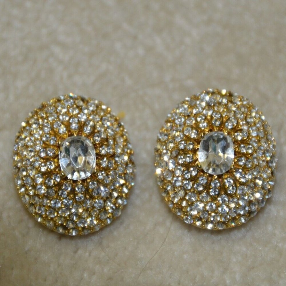 RARE VINTAGE STATEMENT JOSE & MARIA BARRERA GOLD CLUSTER OVAL CRYSTAL EARRINGS